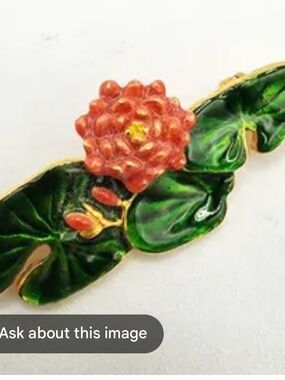 Vintage Claude Monet "Water Lilies" enamel brooch- Green & Coral